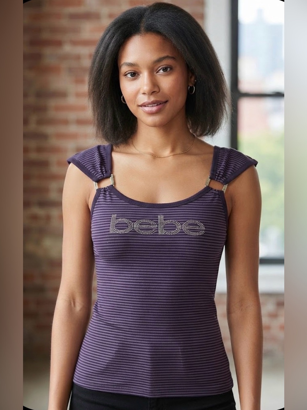 Vintage Y2K Bebe Striped Rhinestone Logo Tank Top with Metal Hardware Clasp M
